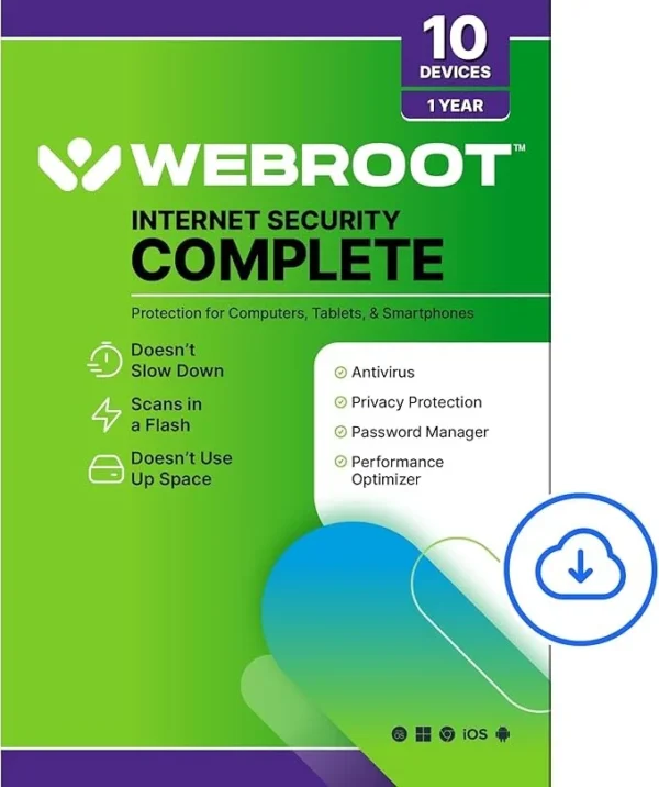 Webroot Internet Security Complete | Antivirus Software 2025 | 10 Device | 1 Year Download for PC/Mac/Chromebook/Android/IOS + Password Manager, Performance Optimizer & Cloud BackupWebroot Internet Security Complete | Antivirus Software 2025 | 10 Device | 1 Year Download for PC/Mac/Chromebook/Android/IOS + Password Manager, Performance Optimizer & Cloud Backup